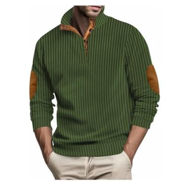 Imagem de Camisa polo masculina com estampa listrada combinando com cores e gola larga e mangas compridas, Verde militar, XXG