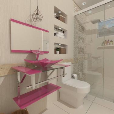 Imagem de Gabinete de Vidro 90cm Inox com Cuba Quadrada Rosa