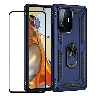 Imagem de WVOZWWO Capa para Xiaomi 11T / Mi 11T Pro com protetor de tela, proteção militar slim fit à prova de choque Armor Defender, anel giratório de 360 graus, suporte magnético para carro, azul e preto
