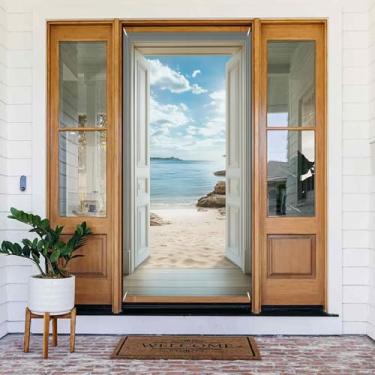Imagem de WOOHOOROO Capa de porta suspensa falsa porta aberta vista mar litoral faixa de fundo placa de festa decoração para varanda/quintal/jardim 89,9 cm x 180,1 cm