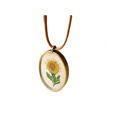 Imagem de Jeni-Sely Colar de couro de resina redondo de girassol prensado a seco feito à mão, Metal, desconhecido