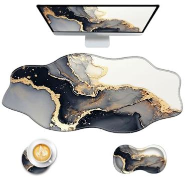 Imagem de CICPLKSE Mouse pad com suporte de pulso + tapete de mesa + porta-copos conjunto 3 em 1, 2GG grande mousepad ergonômico para mesa, computador, laptop, escritório, mármore preto dourado