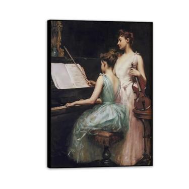 Imagem de Retrato francês antigo mulher tocando piano lendo bar vintage impressão bailarina baile de máscaras pintura sala de estar decoração de casa 55 x 40 cm (22 x 16 pol) moldura preta