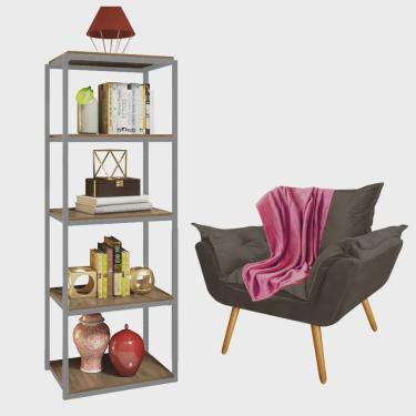 Imagem de Kit Poltrona Fatte com Manta Soft e Estante Livreiro Ferro Cinza mdf Rústico Suede Cinz...