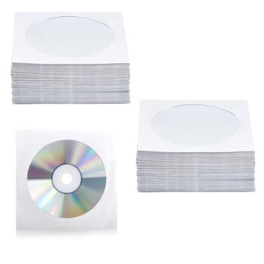 Imagem de 200 peças de capas de CD DVD, capas de CD DVD de papel branco premium, suporte de mangas envelope com janela transparente e aba fechada, papel de peso de 120 gramas compatível com CD DVD de tamanho