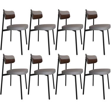 Imagem de Kit 08 Cadeiras Estofada Para Sala De Jantar Astrid Preto C01 Linho Cinza Courino Whisky - Lyam Decor