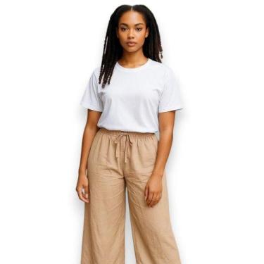 Imagem de Calça Feminina Estilo Linho Pantacourt Bege Soltinha Verão Tam. Único 