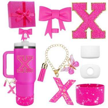 Imagem de Miglaja Acessórios pretos para copos Stanley 850.5 g 1,134.0 g, todos os acessórios caixa de presente contêm topo de palha de flor, bota de silicone, adesivos de letras e pingentes, conjunto de tampa