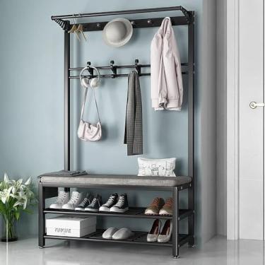 Imagem de Cabideiro Independente Resistente Com Sapato Beh Industrial Hall Tree Com Armazenamento De Sapatos Cabide De Cama Com Ganchos Fácil De Montar Para Entrada Corredor Sala De Estar Q, Black Gray, 80cm