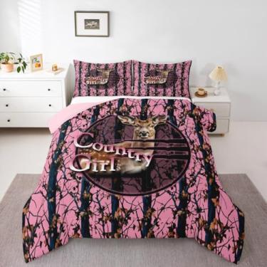 Imagem de Erosebridal Jogo de cama queen com veado de caça, rosa camuflado, rústico, para meninas, meninos e crianças, cabana de fazenda, conjunto de cama com colcha de campo, caçador de camuflagem com 2