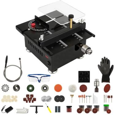 Imagem de Mini serra de mesa, mini serra de mesa multifuncional portátil para artesanato, serra de mesa pequena ajustável em altura e ângulo para corte de madeira, máquina multifuncional de corte e lixamento