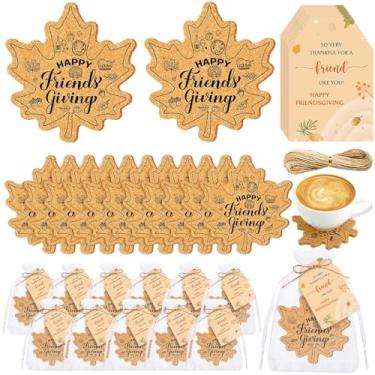 Imagem de Hushee 24 conjuntos de lembrancinhas de festa de Ação de Graças Feliz Amigo Porta-copos de cortiça de folha de bordo porta-copos absorventes com cartões de agradecimento e bolsa de organza suprimentos