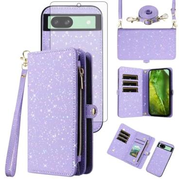 Imagem de Asuwish Capa de telefone para Google Pixel 8A carteira com zíper magnética destacável com protetor de tela de vidro temperado e compartimento para cartão com glitter, suporte para celular, acessórios