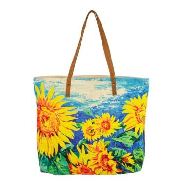 Imagem de COTT N CURLS Bolsa feminina Gogh Girassóis – Bolsas de flores 66 x 50 para mulheres, lona e couro com estampa floral em aquarela, bolsa casual de verão, bolsas de verão, presentes fofos para mãe, irmã