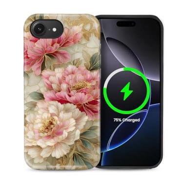 Imagem de heindiy Capa para iPhone 16e, compatível com MagSafe, capa brilhante, proteção total, à prova de choque, anti-arranhões, capa de TPU, capas para homens e mulheres - estilo vintage de flores de peônia