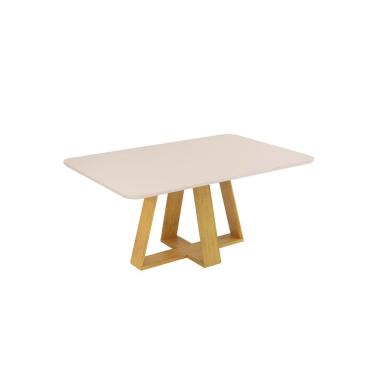 Imagem de Mesa De Jantar Kiara Tampo Chanfrado Curvo Madeira E Vidro Pintado Cedro Com Off White