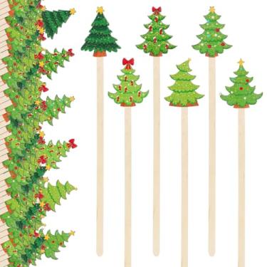Imagem de FYSUIMU 120 peças de mexedores de madeira para árvore de Natal, palitos de coquetel, verde, pinheiro, café, bebida, madeira, agitadores descartáveis para festas de inverno, férias, casa, artigos