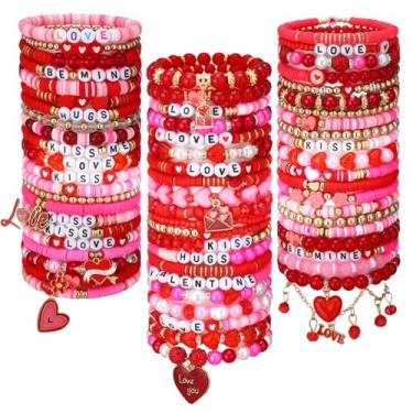 Imagem de Landical 64 pulseiras femininas para dia dos namorados em massa com disco de vinil elástico, pacote de pulseiras de lembrancinha de festa, vermelho, dia dos namorados, acessórios com contas de amizade
