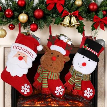 Imagem de Babelshar Meias de Natal, pacote com 3, meias grandes de Natal de 45,7 cm, decoração de lareira 3D, rena, Papai Noel, boneco de neve, enfeites vermelhos quentes, presentes para decoração de festa de
