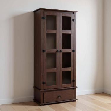 Imagem de Cristaleira Madeira Maciça 2 Portas De Vidro 1 Gaveta Rústica - Imbuia