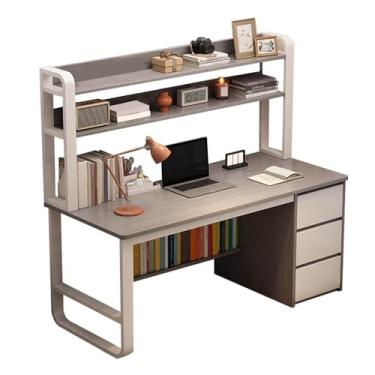 Imagem de Mesa de escritório, mesa de computador com três gavetas, mesa integrada e estante de livros, mesa de trabalho para estudo de quarto e outras cenas, moldura de metal cinza 120 x 50 cm