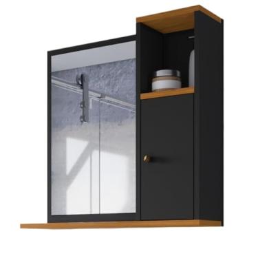 Imagem de Armário com Espelho de Banheiro Aéreo com Porta e Prateleira Suspenso Espelheira Beauty(PRETO/NATURE)