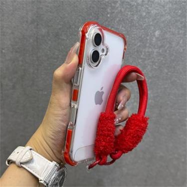 Imagem de HTVJFX Capa protetora para iPhone 15, transparente, com alça de pulso, à prova de choque e airbag (para iPhone 15/vermelho)