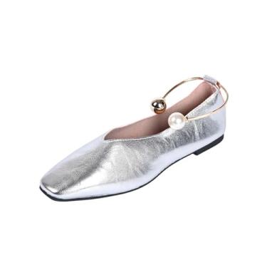 Imagem de Mocassins plus size para mulheres, cor sólida, sola lisa, lisa, casual, confortável, para uso externo, interior, sem cadarço, salto fechado, Prata, 38