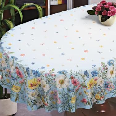 Imagem de uwdfnwuif Toalha de mesa oval primavera 137 cm x 183 cm tecido impermeável flores primavera toalhas de mesa para ambientes internos e externos cozinha jantar