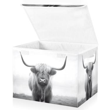 Imagem de Blueangle Cestos de armazenamento engraçados de vaca escocesa Highland com tampas, 42 x 32 x 30 cm, cesta organizadora grande dobrável para decoração de escritório e armário (454)