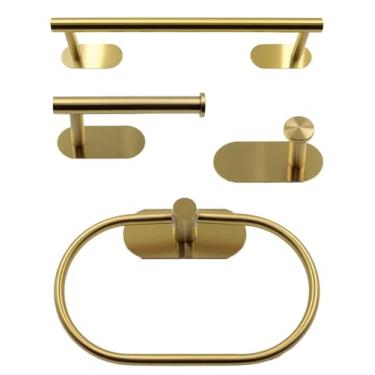 Imagem de Kit de Banheiro 4 Peças em Aço Inox Escovado Sem Furos Toalheiro 40cm Porta Papel Cabide Argola (Dourado)