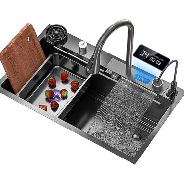 Imagem de Pia De Aço Inoxidável Torneira De Cachoeira Preta Pia De Cozinha Pia De Tigela única Preta Com Acessórios De Lavadora De Copo Incluídos, 75x45x22cm