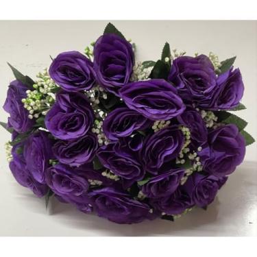 Imagem de Rosa Artificial Decorativa com 24 Flores – Buquê para Arranjos, Festas, Casamento e Decoração de Interiores(Roxo Escuro,Unidade)