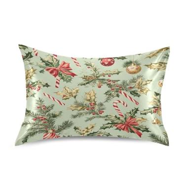 Imagem de SEHANY Fronha de seda verde com sinos de Natal para cabelo e pele, capa de almofada respirável super macia e macia com envelope para casa, quarto, hotel, padrão 50 x 102 cm