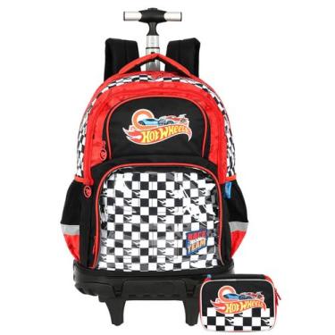 Imagem de Kit Hot Wheels Mochila 2EM1 Costas Rodas + Estojo Box Luxo, Vermelho