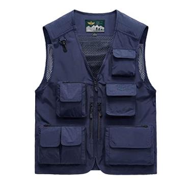 Imagem de Colete de pesca com bolsos fotografia ao ar livre jaqueta malha traseira colete utilitário de trabalho de verão jaqueta versátil, azul, M