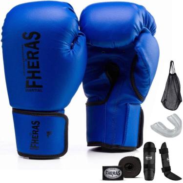 Imagem de Kit Profissional Fheras Luva Boxe Muay Thai Bandagem Bucal Caneleira E Bolsa