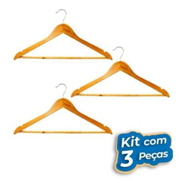 Imagem de Kit 3 Cabides Madeira Marfim Verniz Adulto Blusa Calça - Wincy