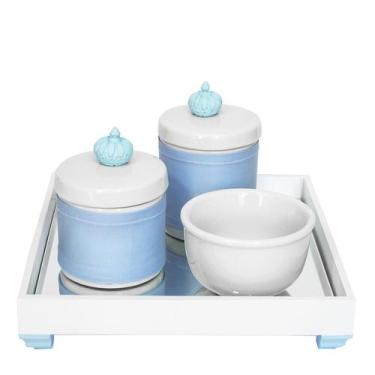 Imagem de Kit Higiene Espelho Potes, Molhadeira E Capa Coroa Azul Quarto Bebê Me