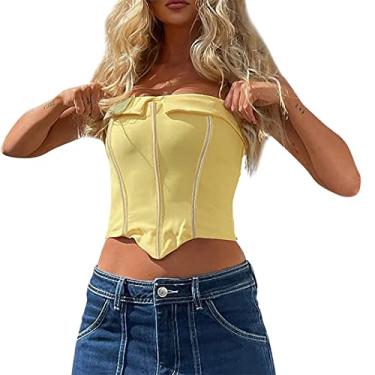 Imagem de Camiseta feminina tubular gráfica para treino superdimensionada sem alças linda camiseta de verão blusa boho colete de trabalho, Amarelo, Large
