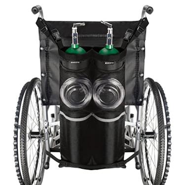 Imagem de ZHEEYI Suporte duplo de tanque de oxigênio para carrinhos de rodas, bolsa de cilindro de oxigênio com zíperes ajustáveis e bolsos de armazenamento de malha serve na maioria dos cilindros de oxigênio, preto