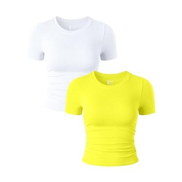 Imagem de OQQ Camisetas femininas de 2 peças, manga curta, gola redonda, franzida, elástica, justa, cropped, Branco, amarelo, G