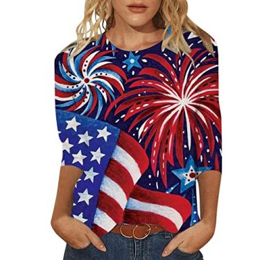 Imagem de Camisetas femininas de 4 de julho, casual, bandeira americana, listradas, manga 3/4, túnica patriótica do Memorial Day, C, GG