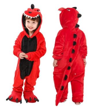 Imagem de Plustrong Pijamas infantis de flanela para meninos e meninas, fantasias de Halloween para crianças, Dinossauro vermelho, 100(3T)