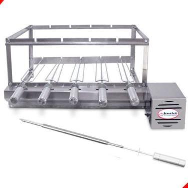 Imagem de Kit Inox Churrasqueira Gira 5 Espetos Giratório Brasa Grill + Espeto P