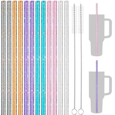 Imagem de NiHome Canudos de 1,134 g, pacote com 12 canudos de substituição de plástico com glitter para copo Stanley de 1,134 g, canudos reutilizáveis de cores sortidas 30,5 cm com 2 pincéis - PET durável, sem