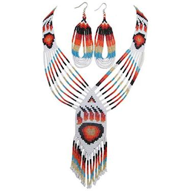 Imagem de VivaApparel Conjunto de brincos de colar com contas feitas à mão com contas indianas vermelho, branco, dourado, cervejas com contas de pata, trabalho e laço 38/11