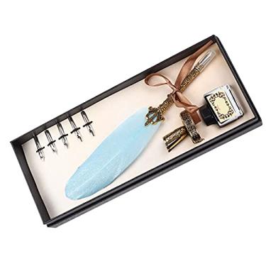 Imagem de Conjunto de Caneta Tinteiro retrô de Penas, Caneta de Imersão, Caneta de Assinatura para Presente de Negócios, Caneta de Metal Esculpida Com Conjunto de Tinta (Azul celeste)