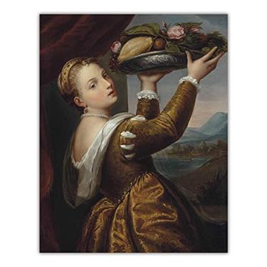 Imagem de Tiziano Vecellio. Menina com fruteira. Reprodução famosa de arte de parede em tela. Pôster de arte em tela para decoração de casa - 70 x 90 cm sem moldura