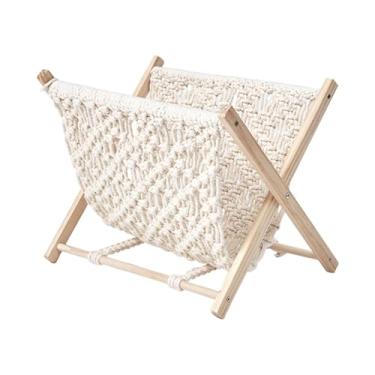 Imagem de IEUDNS Porta-revistas de macramê, suporte de armazenamento boho, organizador dobrável, suporte rústico para exibição de livros, itens essenciais para quarto, 23x22x28cm